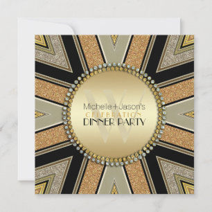 Art Deco Golden Glitter Einladung zur Dinnerparty