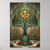 Art Deco Golden Harvest Obstbaum Gold Türkis Poste