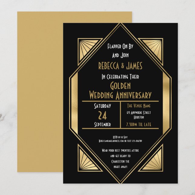 Art Deco Golden Wedding Jubiläum Einladung (Vorne/Hinten)