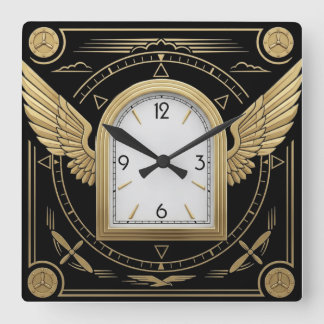 Art Deco Goldene Flügel Quadratische Wanduhr