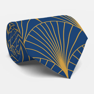 Art Deco Goldene Geometrische Fächer auf Navy Blau Krawatte