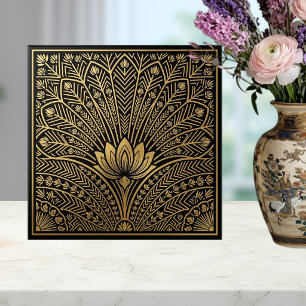 Art Deco Goldener Lotus Schwarzes geometrisches Mu Fliese