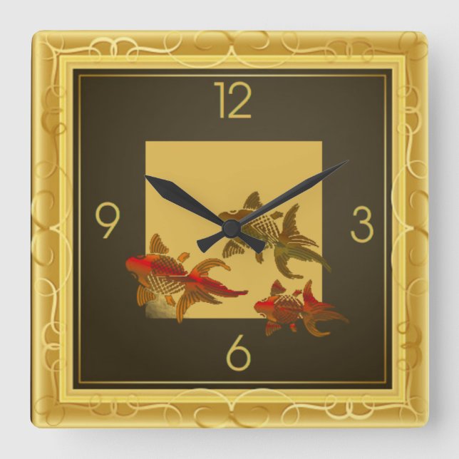 Art Deco Goldfische Quadratische Wanduhr (Vorderseite)