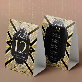 Art Deco Goldy Hochzeitstisch Nummer mit Gästelist Tischaufsteller