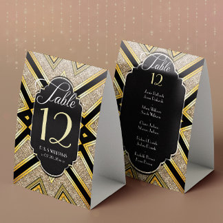 Art Deco Goldy Hochzeitstisch Nummer mit Gästelist Tischaufsteller