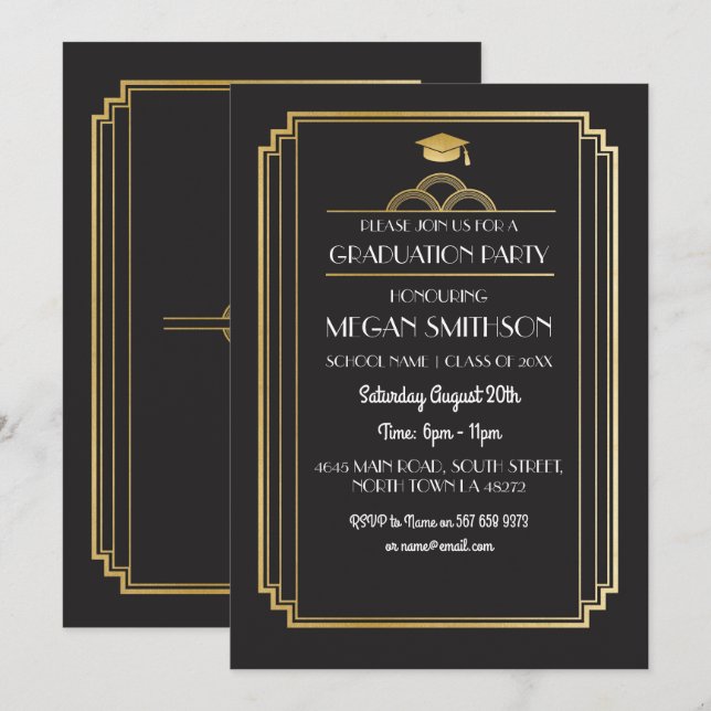 Art Déco Graduation Party Invitation Gold 1920s Ga (Devant / Derrière)