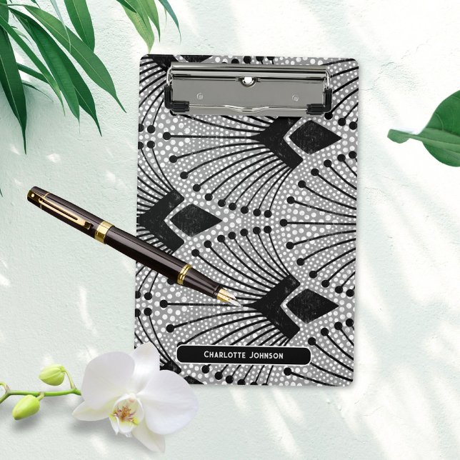 Art Deco Grau Schwarz-weißes Retro Pfauenmuster Mini Klemmbrett (Gray Art Deco Black White Peacock Pattern Mini Clipboard ©Susanne Sachers - Sunny Mind 🌞)