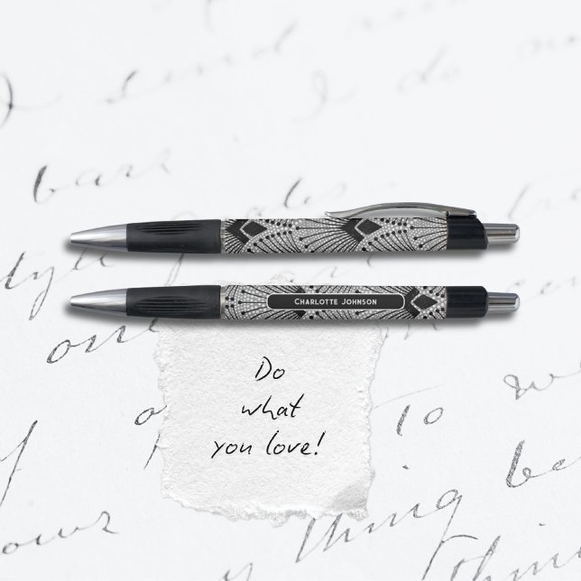 Art Deco Grau Schwarz-weißes Vintages Pfauenmuster Kugelschreiber (Stylish Art Deco Gray Black White Peacock Pattern Pen ©Susanne Sachers - Sunny Mind 🌞)