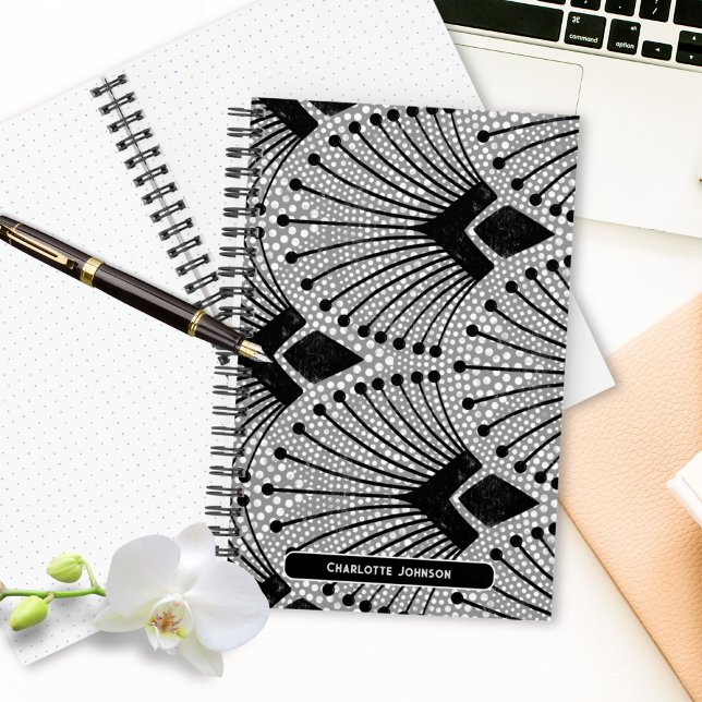 Art Deco Gray Schwarz-weiß Elegantes Pfauen Muster Notizbuch (Art Deco Gray Black White Elegant Peacock Pattern Notebook ©Susanne Sachers - Sunny Mind 🌞)