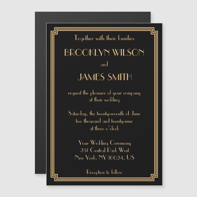 Art Déco Great Gatsby Black Magnet Wedding Invite (Devant / Derrière)