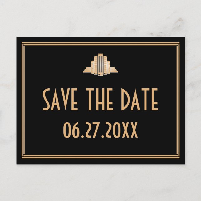 Art Deco Great Gatsby Black Save the Date Postcard Ankündigungspostkarte (Vorderseite)