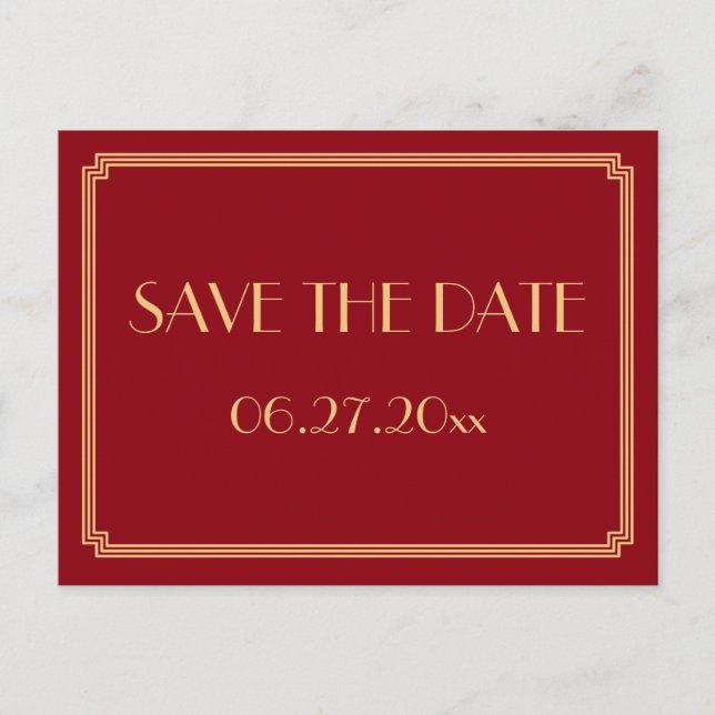 Art Deco Great Gatsby Red Save the Date Postcard Ankündigungspostkarte (Vorderseite)