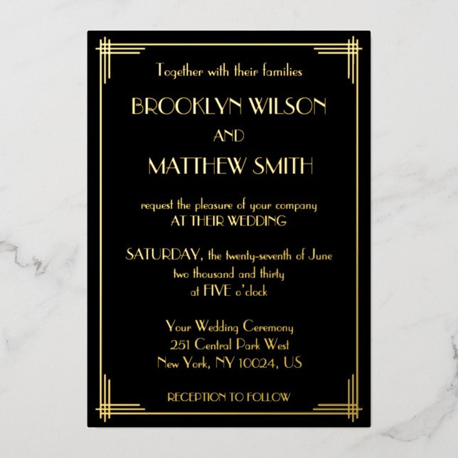 Art Deco Great Gatsby Wedding Gold Folieneinladung (Vorderseite)