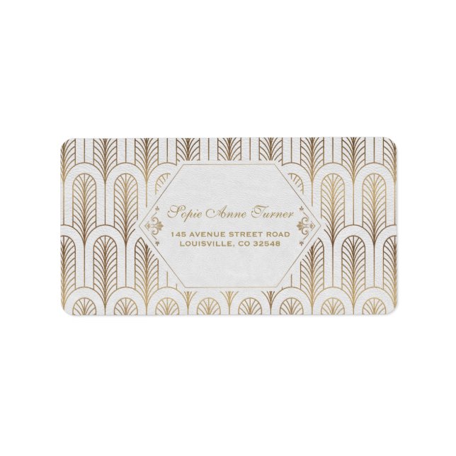Art Deco Great Gatsby White Gold Wedding Adressaufkleber (Vorne)