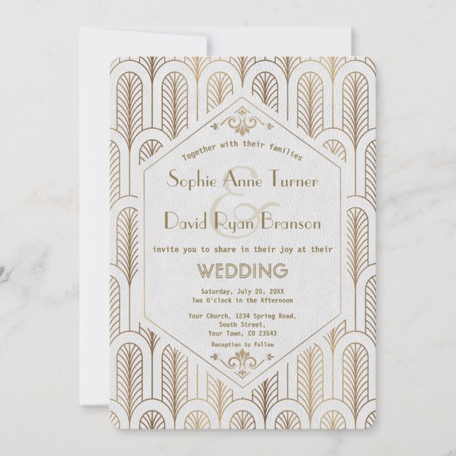 Art Deco Great Gatsby White Gold Wedding Einladung (Vorderseite)