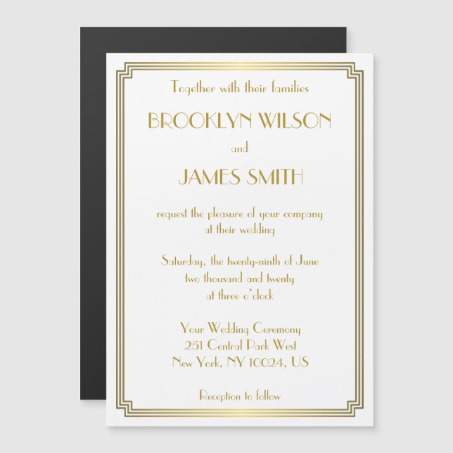 Art Déco Great Gatsby White Magnet Wedding Invite (Devant / Derrière)