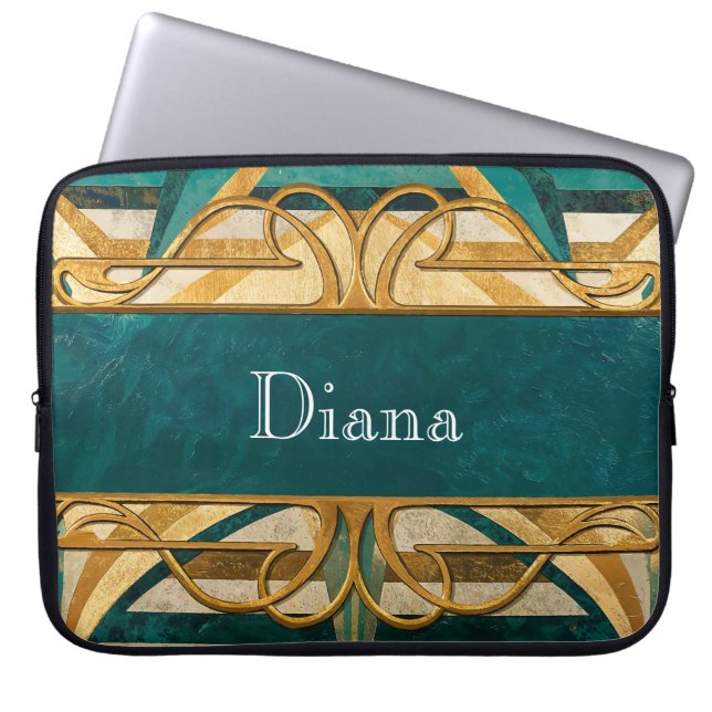Art Deco Green and Gold Stripes Personalized Laptopschutzhülle (Vorderseite)
