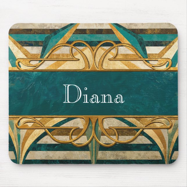 Art Deco Green and Gold Stripes Personalized Mousepad (Vorne)