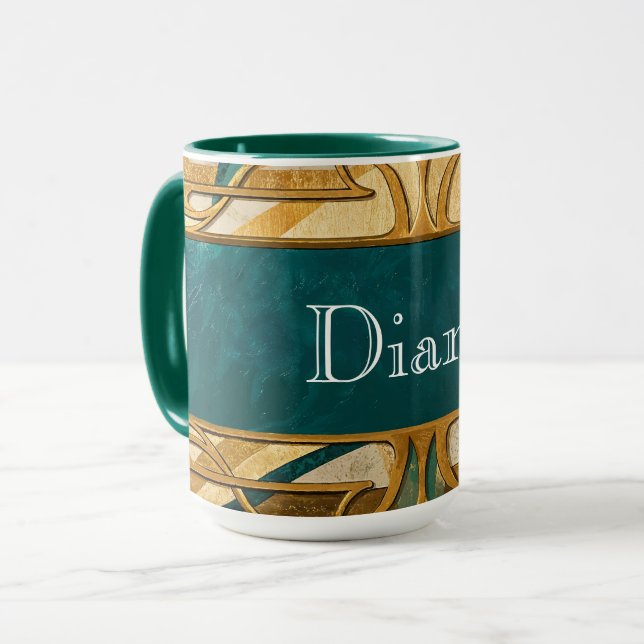 Art Deco Green and Gold Stripes Personalized Tasse (Vorderseite Links)