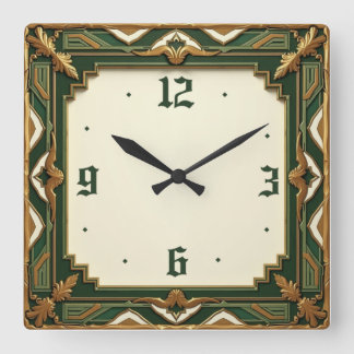 Art Deco Green Quadratische Wanduhr