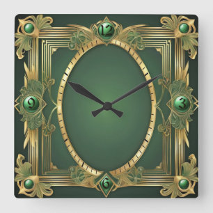 Art Deco Green Quadratische Wanduhr