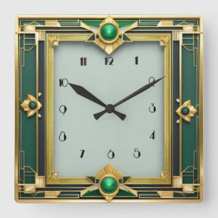 Art Deco Green Quadratische Wanduhr