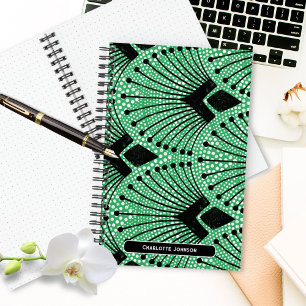 Art Deco Green Schwarz-weiß Peacock Muster Notizbuch