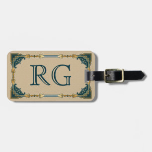 Art Deco Green und Gold Gerahmt Monogram Gepäckanhänger