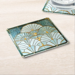 Art Deco Grün Gold Elegantes Fächer-Muster Rechteckiger Pappuntersetzer