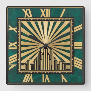Art Deco Grün Quadratische Wanduhr