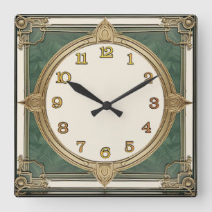 Art Deco Grün Quadratische Wanduhr