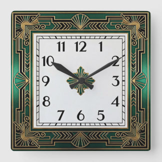 Art Deco Grün Quadratische Wanduhr