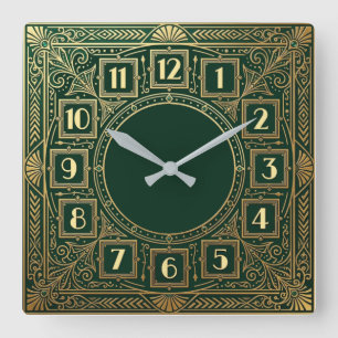 Art Deco Grün Quadratische Wanduhr