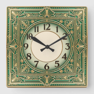 Art Deco Grün Quadratische Wanduhr