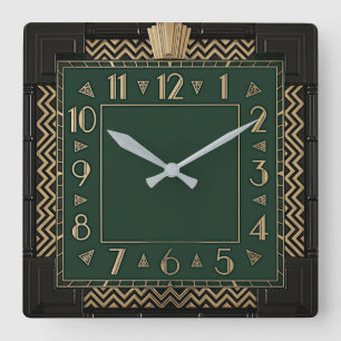 Art Deco Grün Quadratische Wanduhr