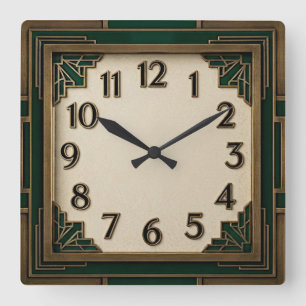 Art Deco Grün Quadratische Wanduhr