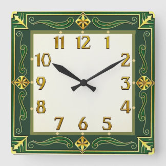 Art Deco Grün Quadratische Wanduhr