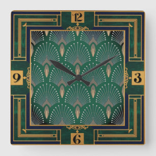 Art Deco Grün Quadratische Wanduhr