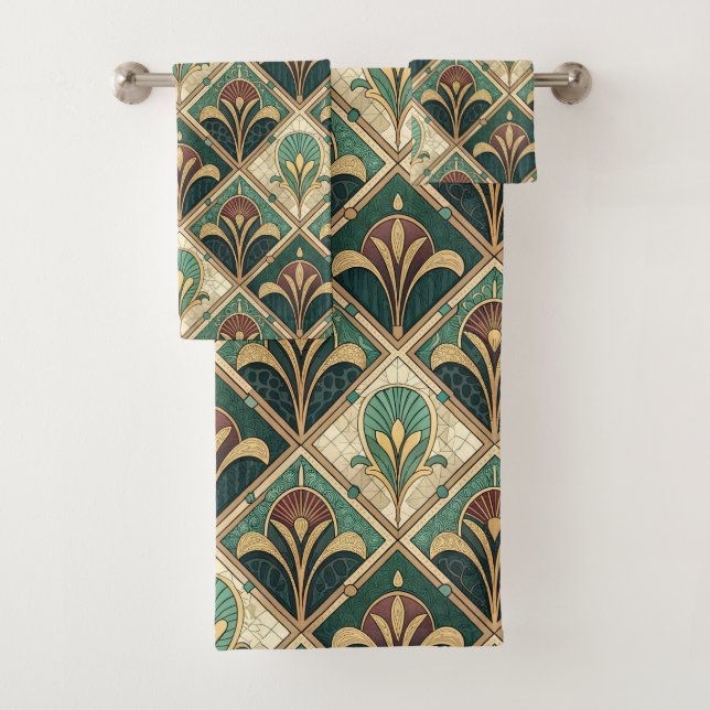 Art Deco Grün Smaragd Badhandtuch Set (Insitu)
