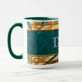 Art Deco Grün und Gold Streifen Personalisiert Tasse