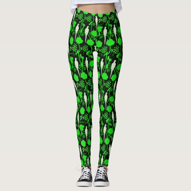 ART DECO GRÜNE BLUME, WEISSE TEILE AUF SCHWARZ LEGGINGS (Vorderseite)