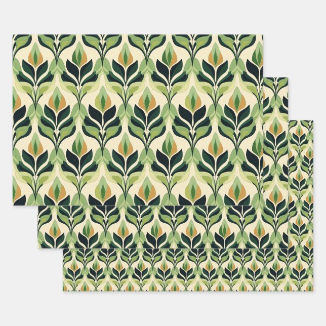 Art Deco Grünes Blatt Verpackungspapier Flachblatt (Set)