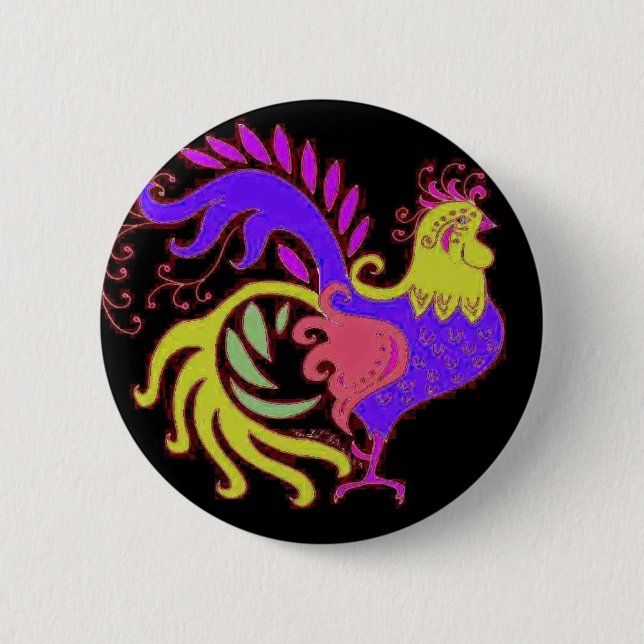 Art-Deco-Hahn in Lila Schwarz Button (Vorderseite)