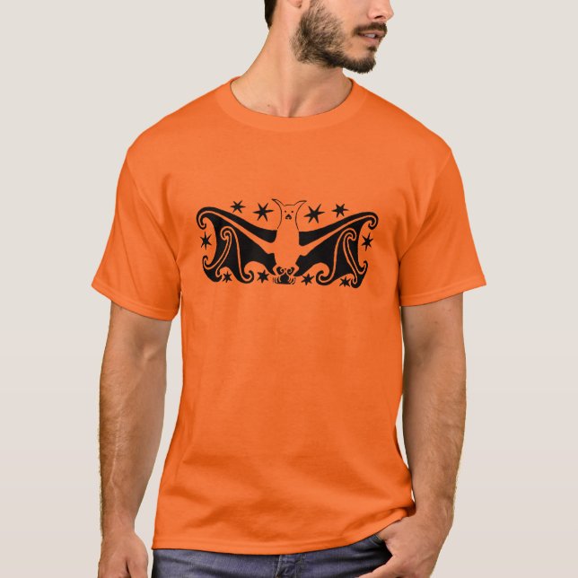 Art Deco Halloween Flying Bat Starry Night T-Shirt (Vorderseite)