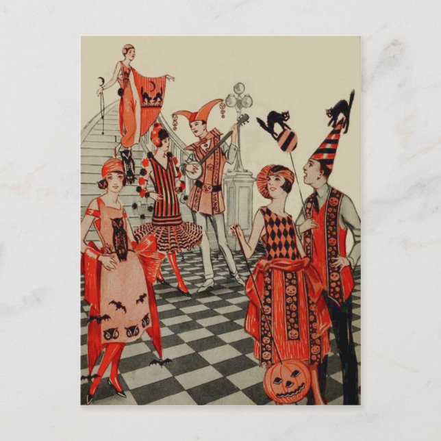 Art Deco Halloween-Party Black Cat Becken Postkarte (Vorderseite)