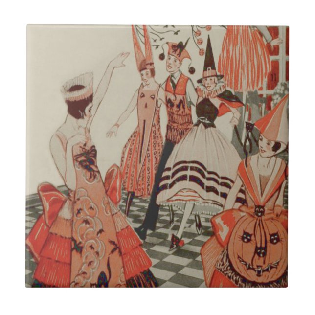 Art Deco Halloween-Party Black Cat Pumpkin Fliese (Vorderseite)