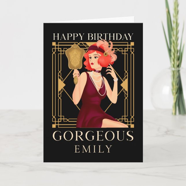 Art Deco Happy Birthday Gorgeous Lady Mirror Black Karte (Vorderseite)