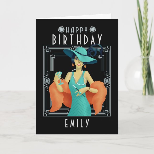 Art Deco Happy Birthday Name 20 Weibliche Schwarze Karte (Vorderseite)