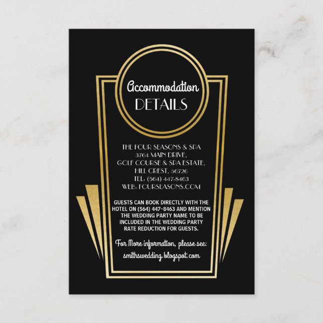 Art Déco Hébergement Cartes de Mariage Or Noir (Devant)