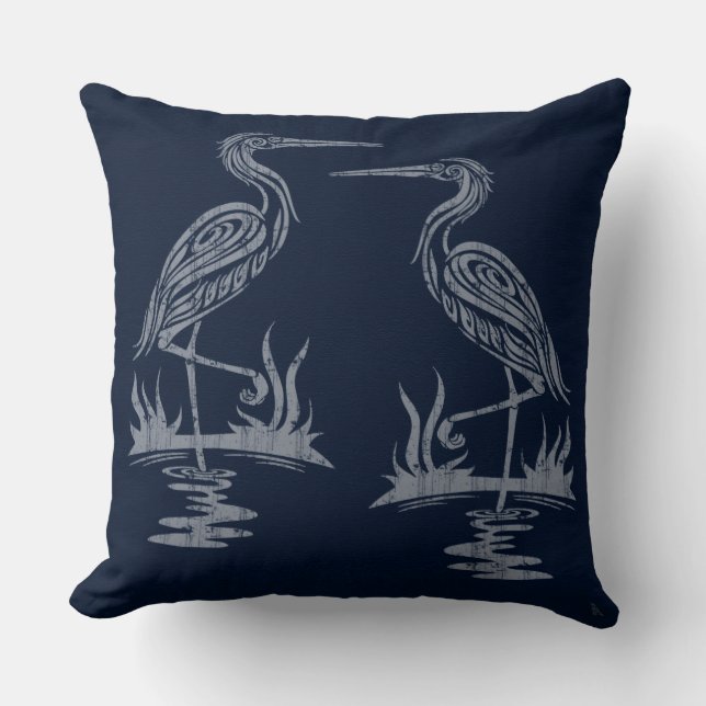 Art Deco Herons - Grau auf Navy Blue Kissen (Vorderseite)